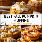 Moist pumpkin muffins with cheesecake centers and spiced topping arranged on a fall plate